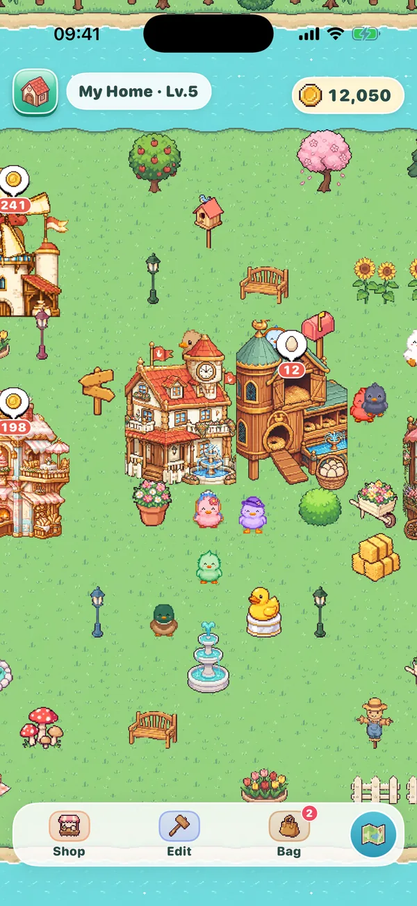My Home, a pixel-art island farm with ducks, houses and a fountain