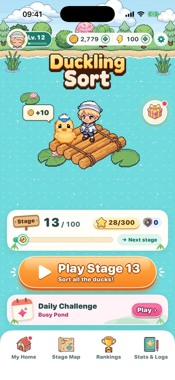 Home screen: the player's buddy on a raft, stage 13 of 100 and the Daily Challenge