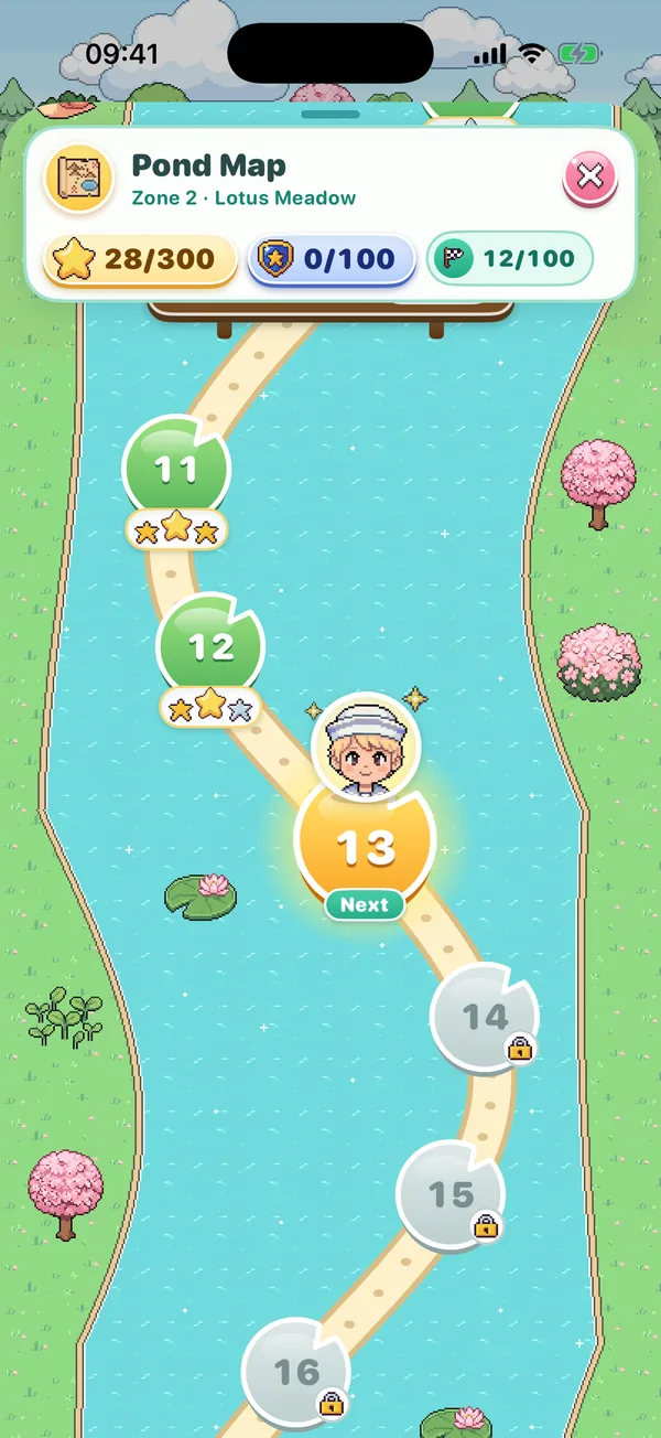 The pond map, a lily-pad trail of numbered stages